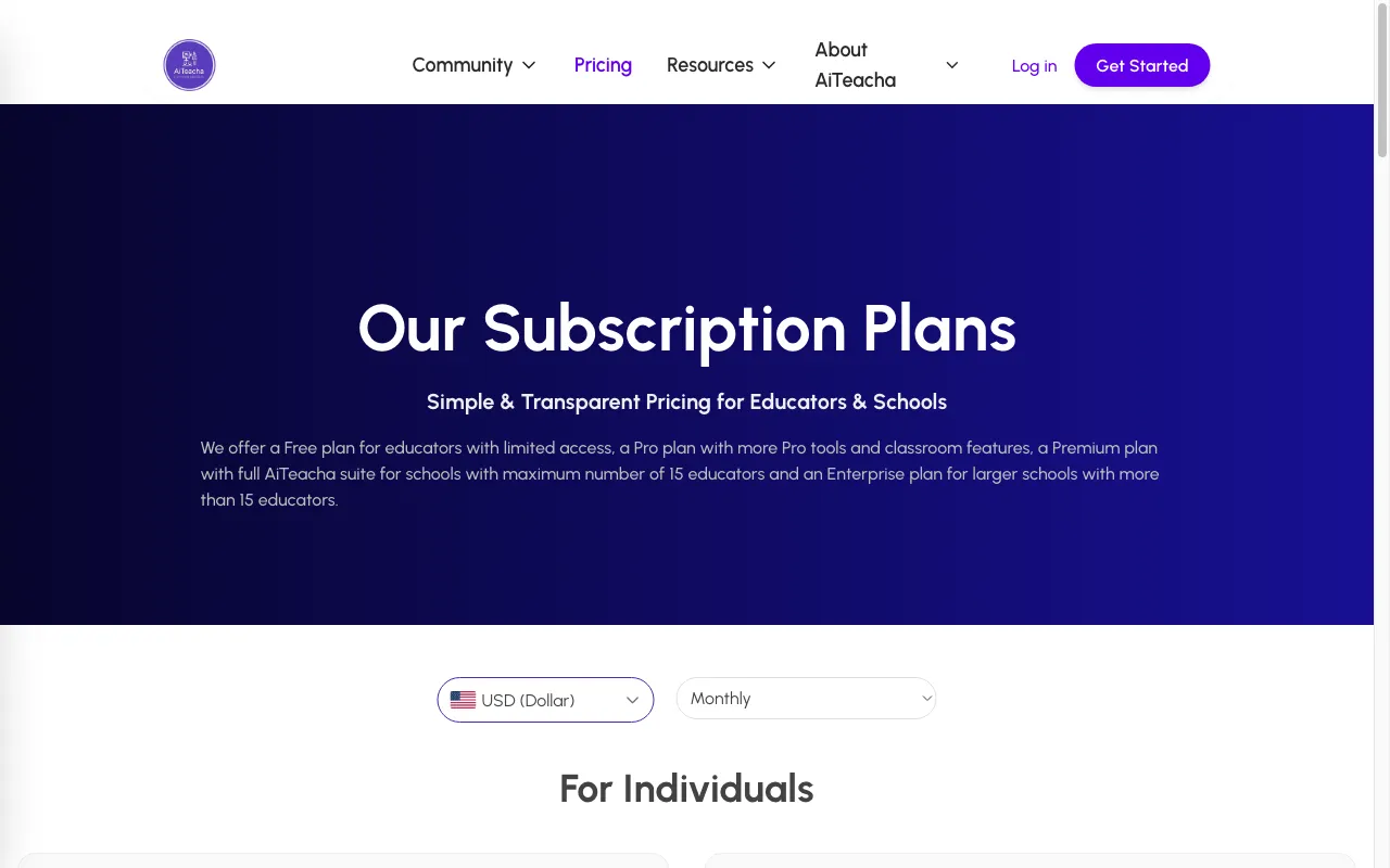 AI Teacha — pricing page