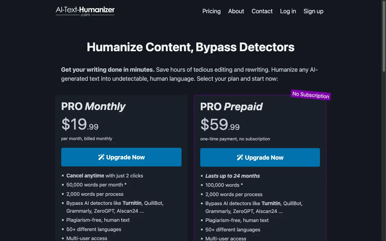 AI Text Humanizer — pricing page