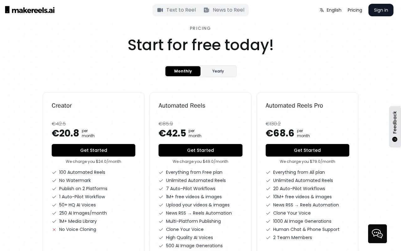 makereels.ai — pricing page