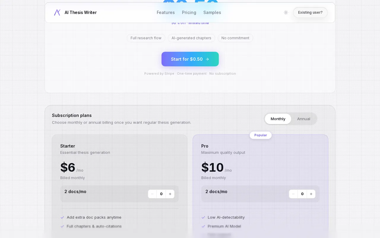 AI Thesis Writer — pricing page