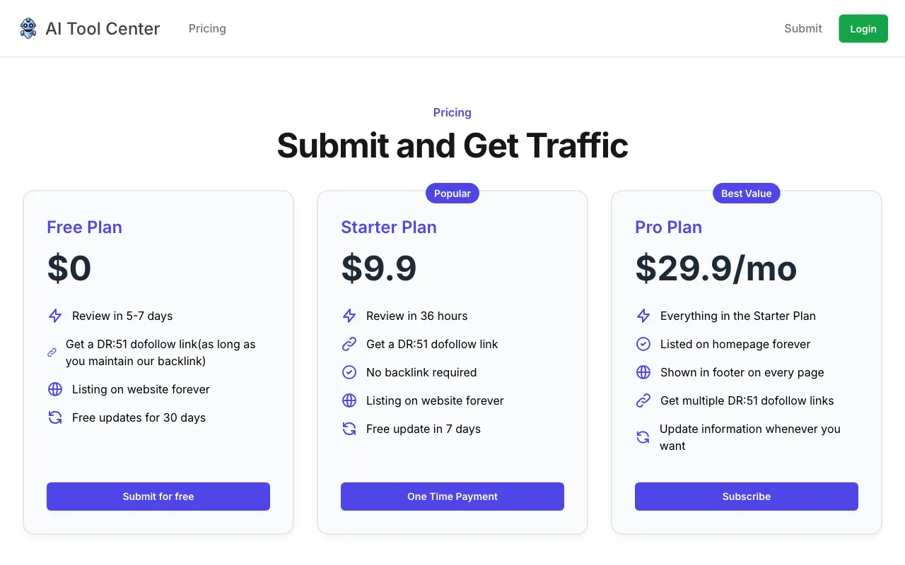 AI Tool Center — pricing page
