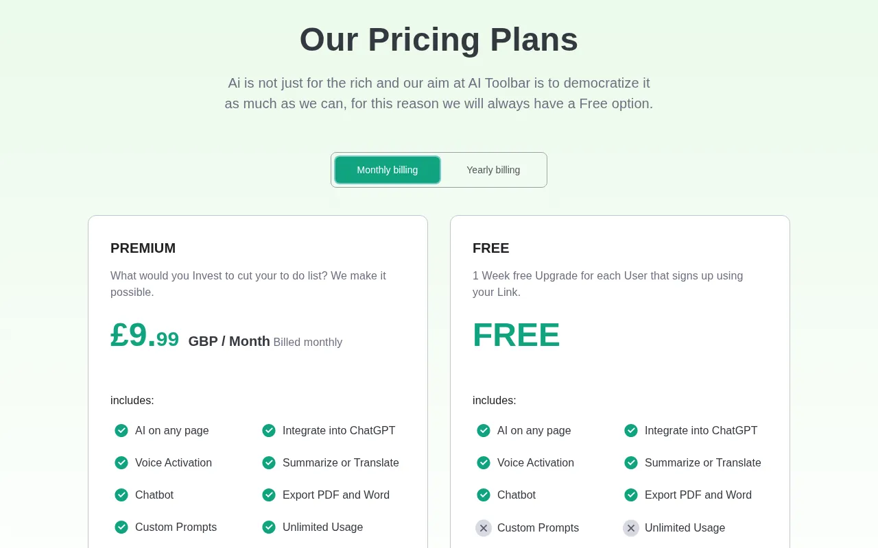 AI Toolbar — pricing page