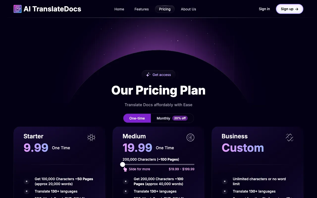 AI TranslateDocs — pricing page