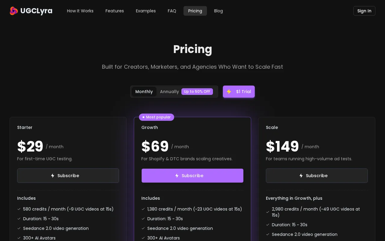 AI UGC ADS — pricing page