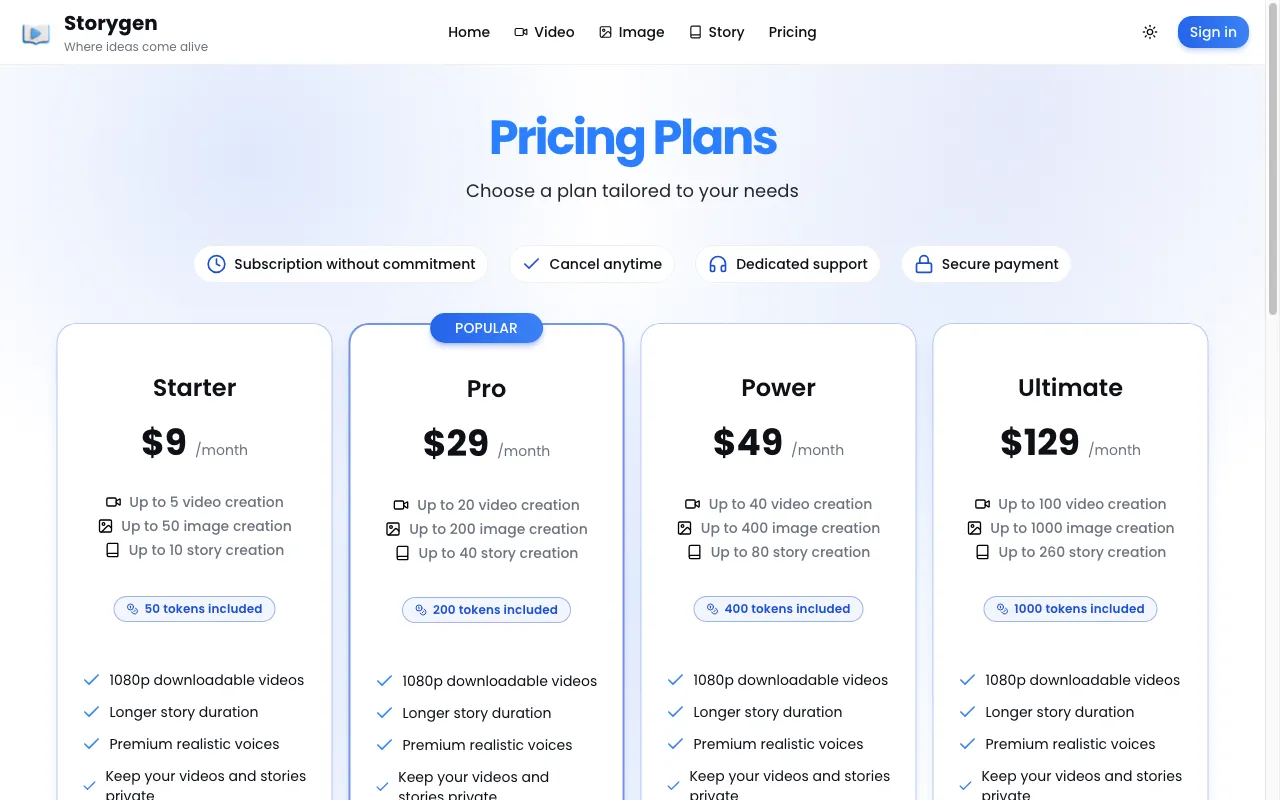 Storygen — pricing page