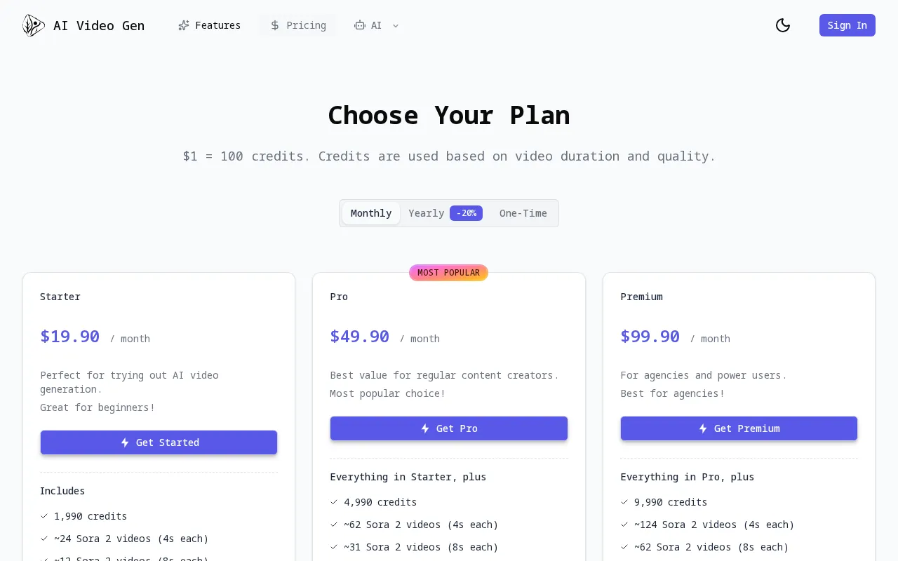 AI UGC Video Generator — pricing page