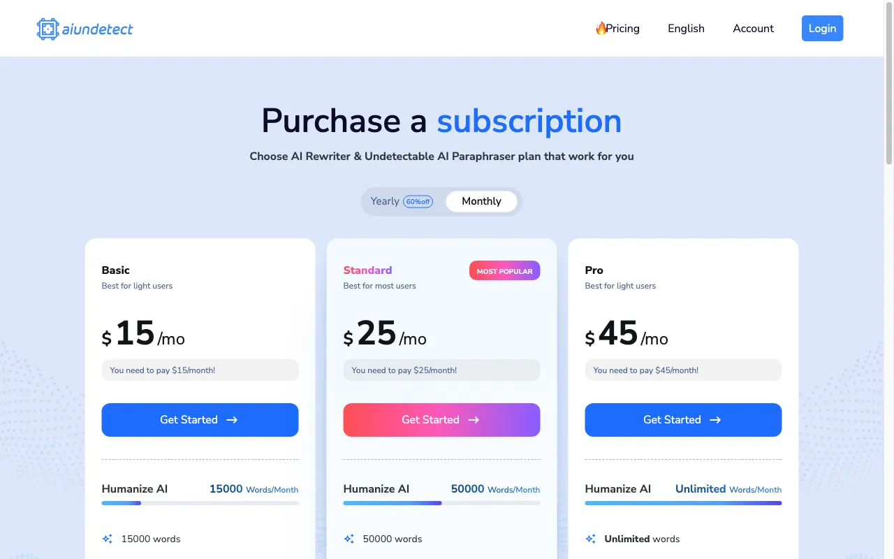 AI UNDETECT — pricing page