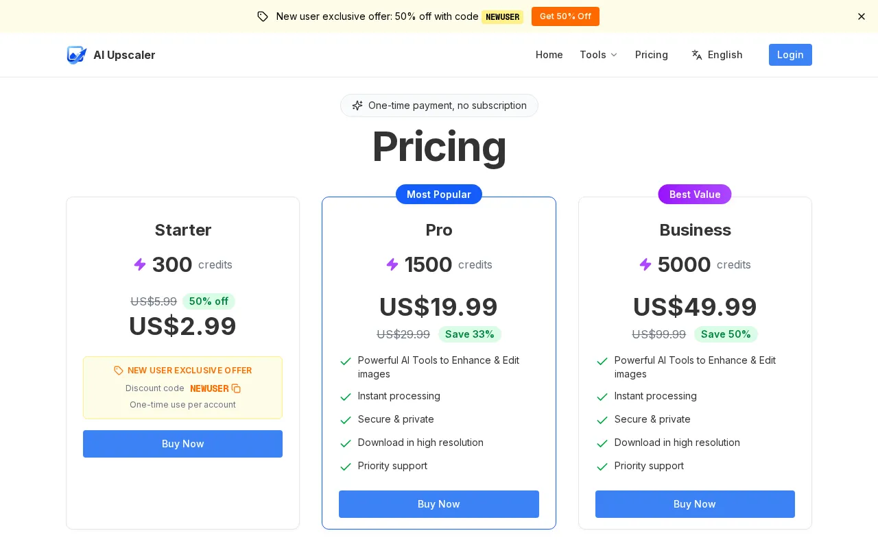 AI Upscaler.org — pricing page