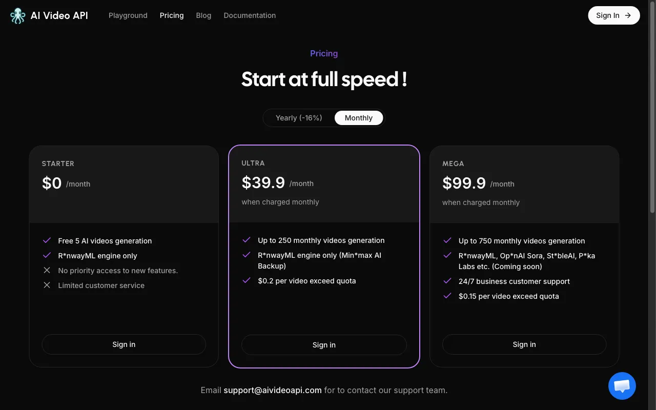 AI Video API — pricing page