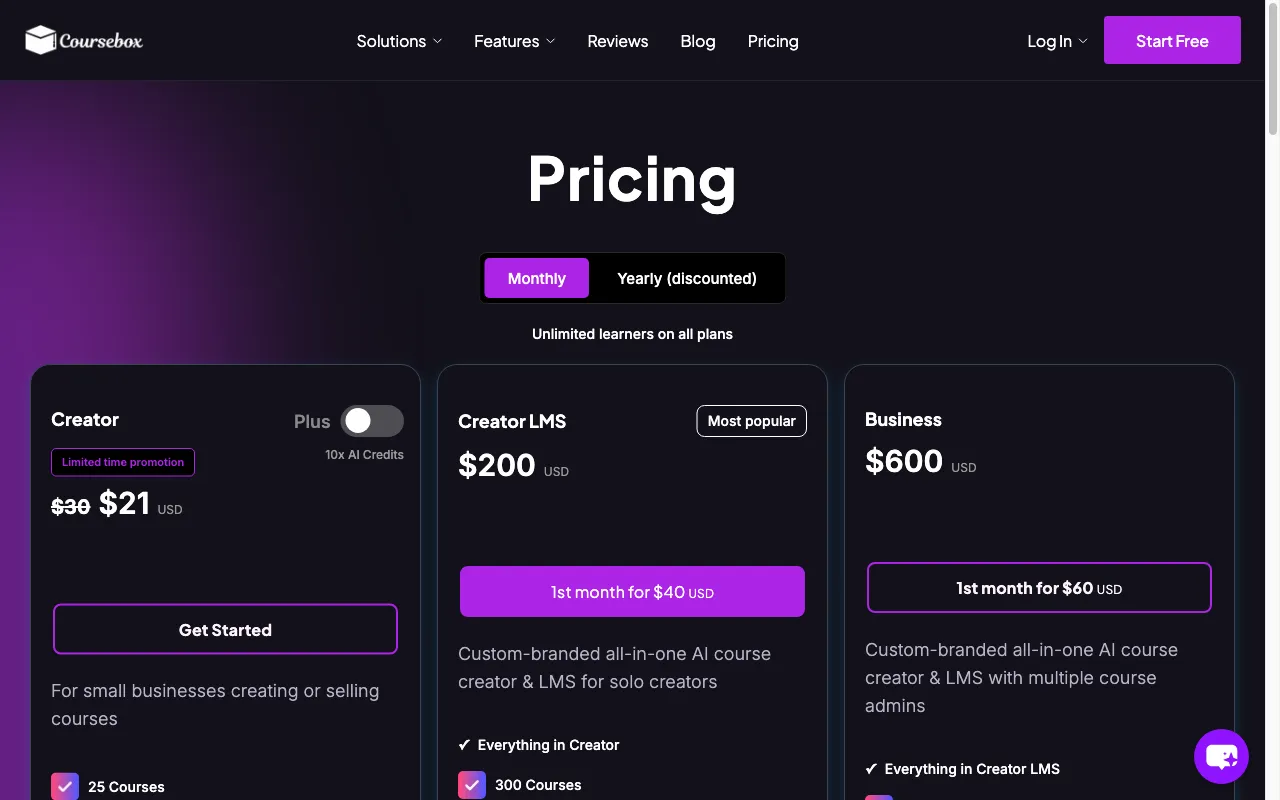 AI Video Course Generator by Coursebox — pricing page