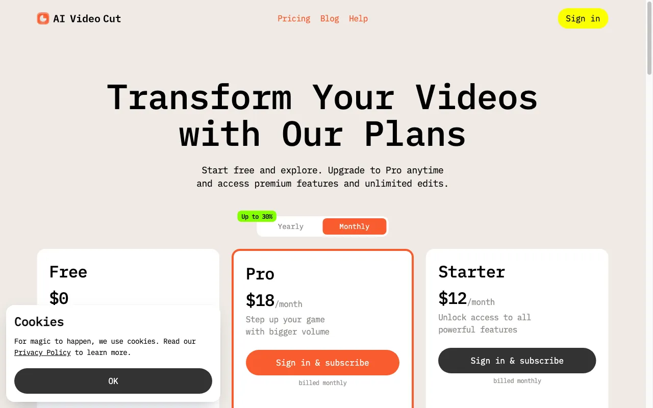 AI Video Cut — pricing page