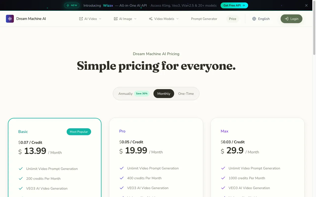 AI Video Generateor Dream Machine AI — pricing page