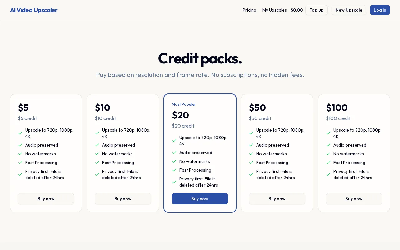 AI Video Upscaler — pricing page