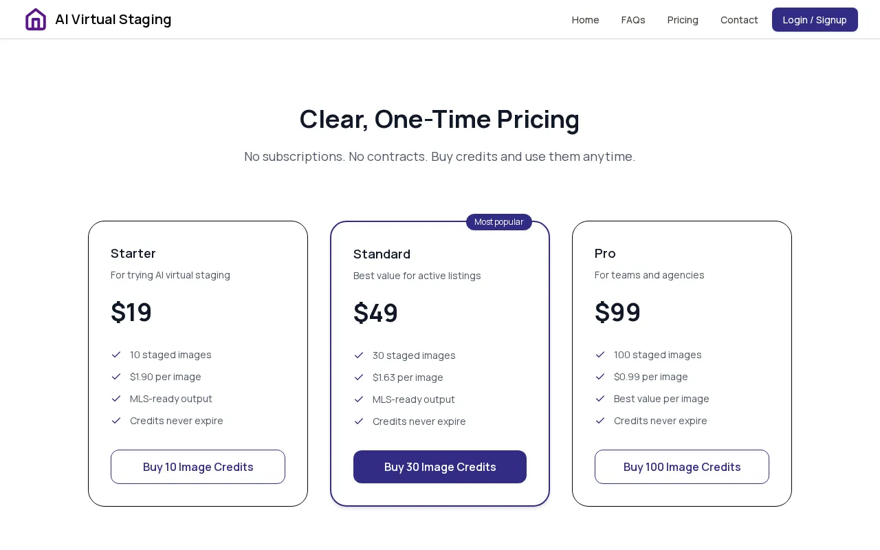 AI Virtual Staging with one click — pricing page