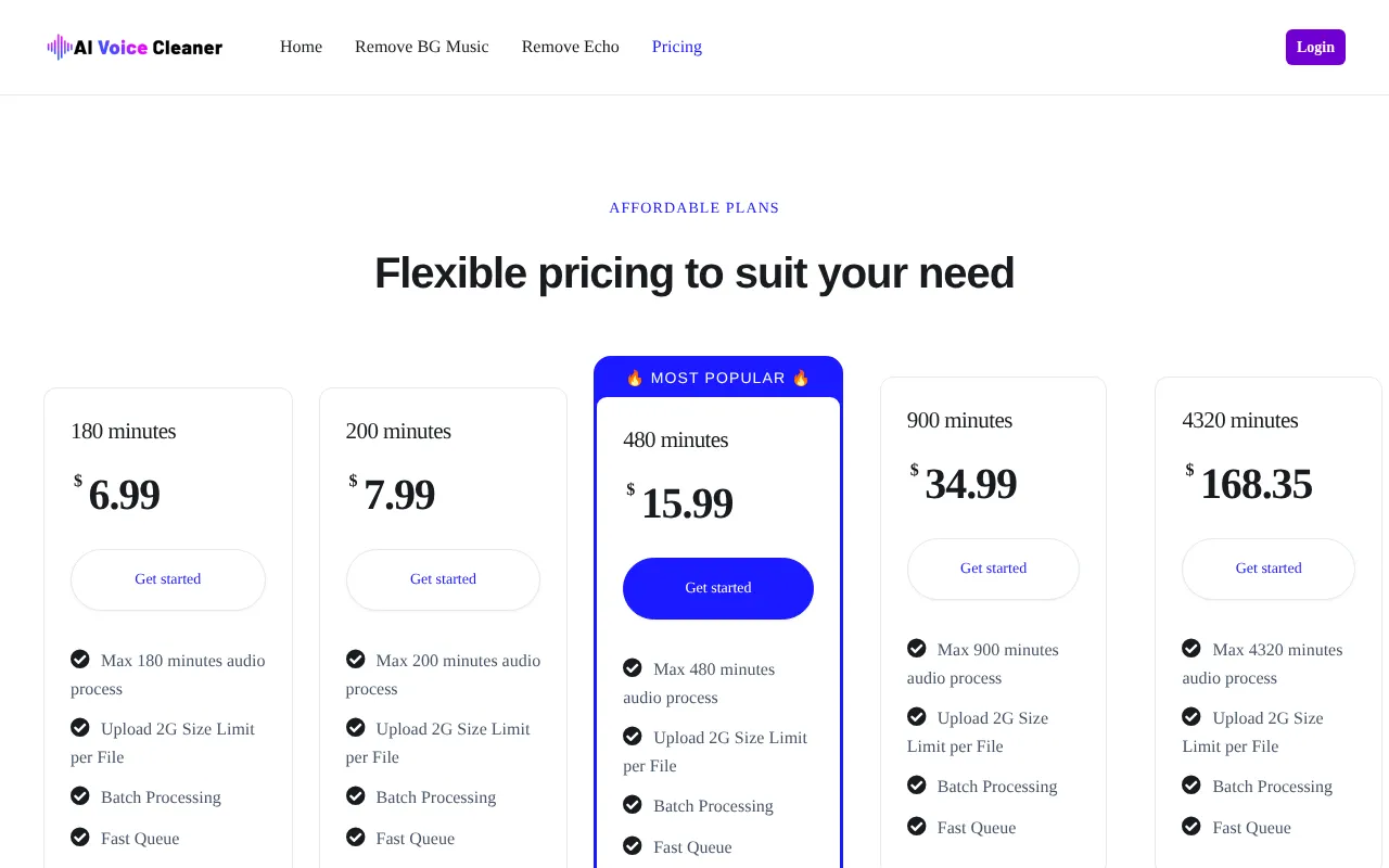 AI Voice Cleaner — pricing page
