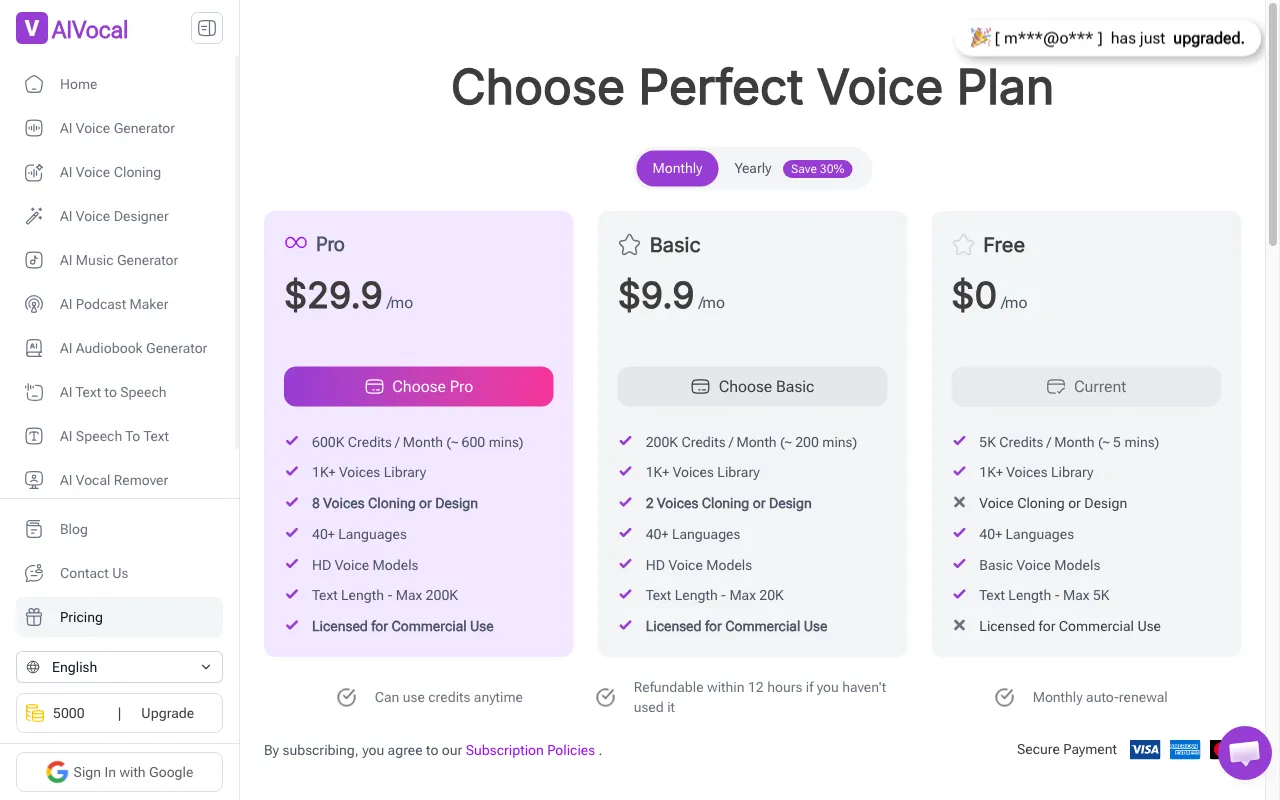 AI Voice Generator by AIVocal — pricing page