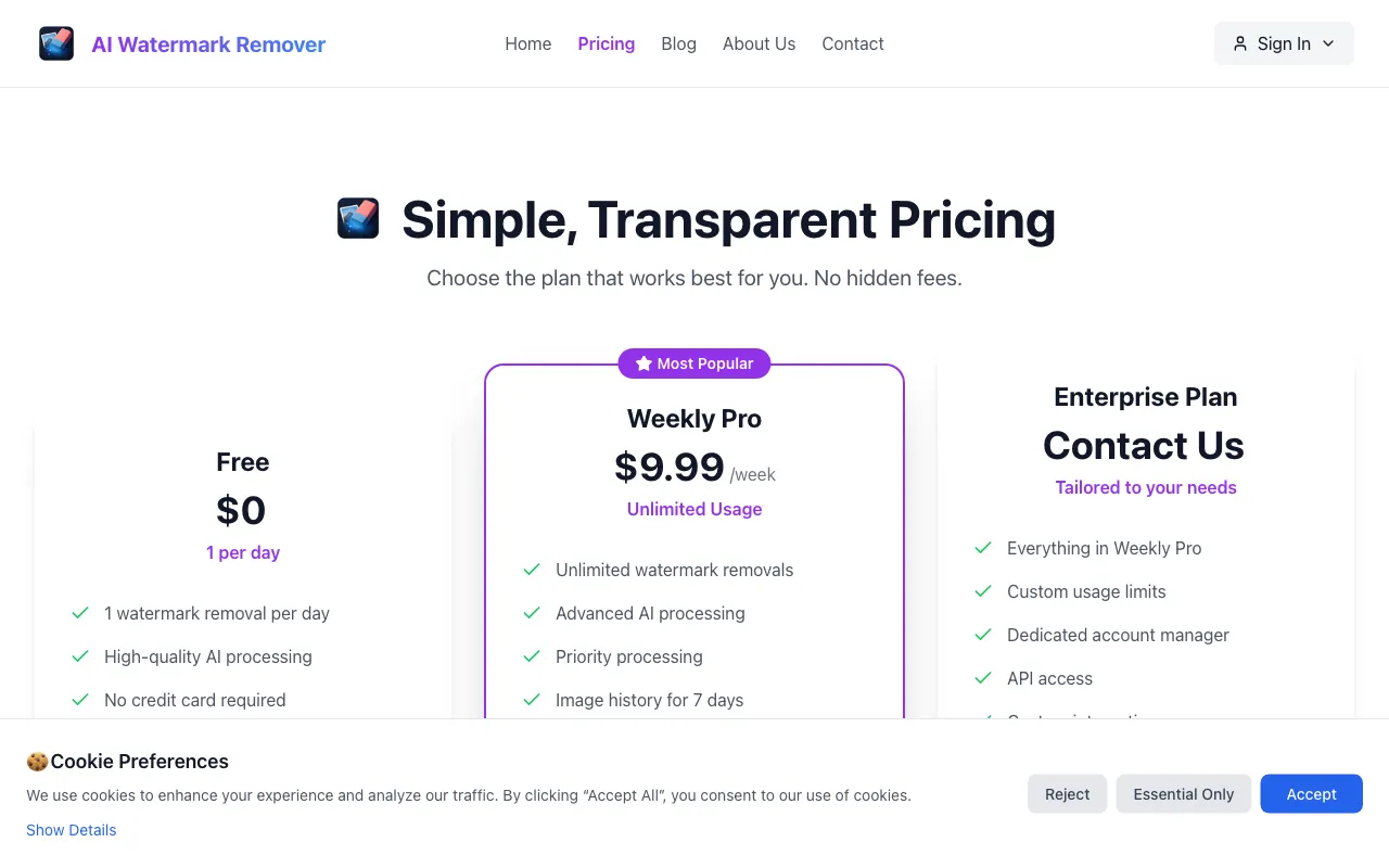 Ai Watermark Remover — pricing page