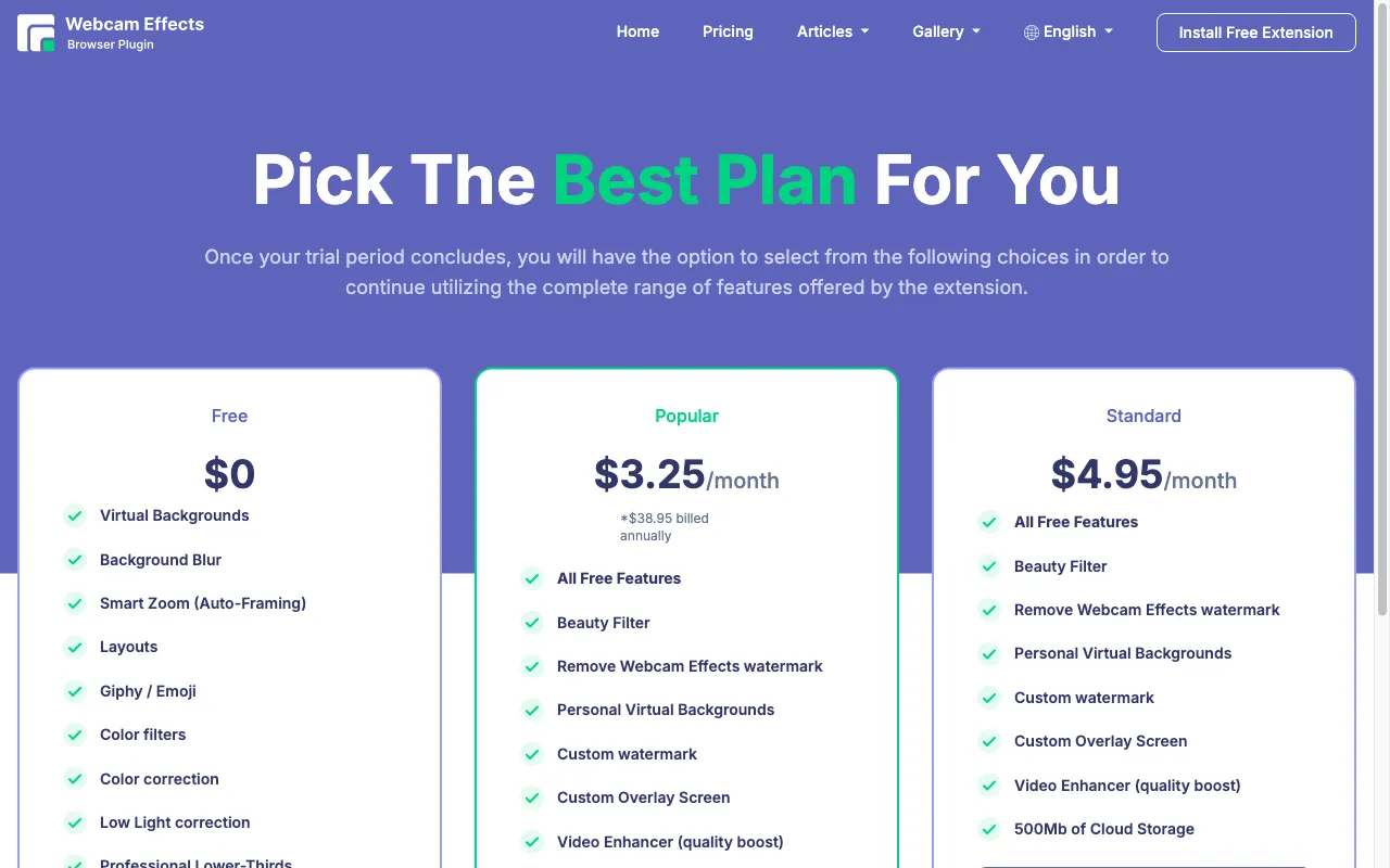 webcameffects.ai — pricing page