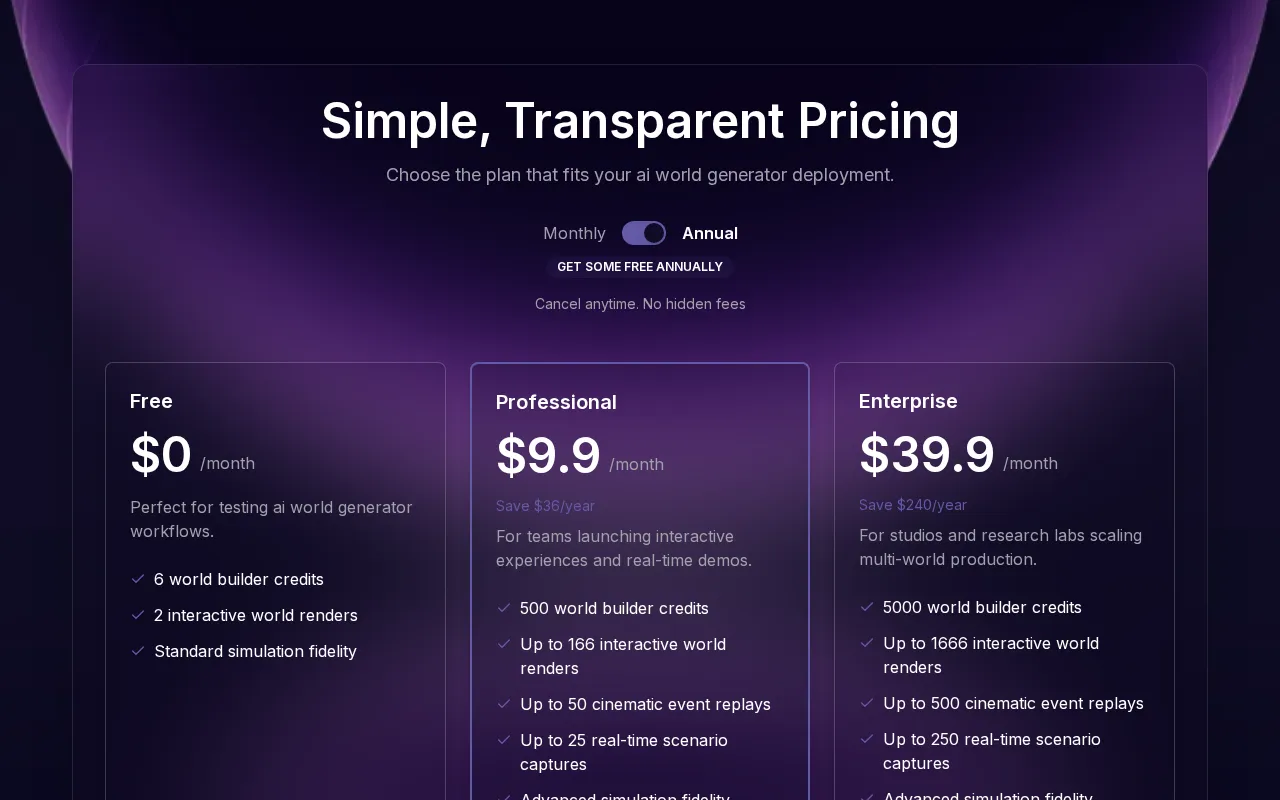 AI World Generator — pricing page