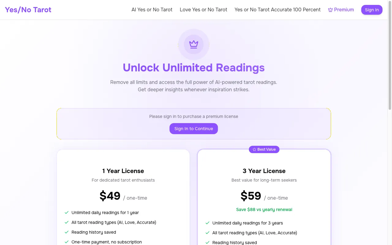 yesornotarot.net — pricing page
