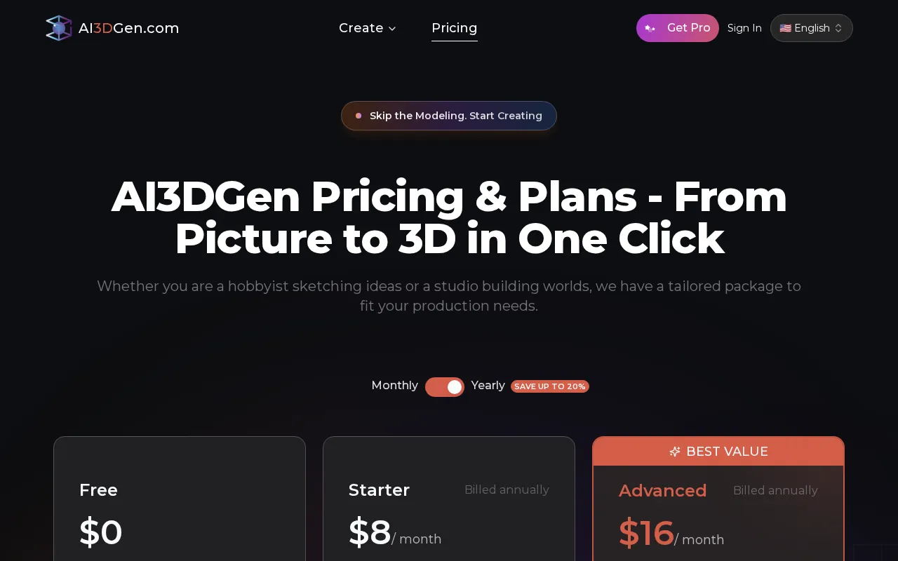 AI3DGen — pricing page