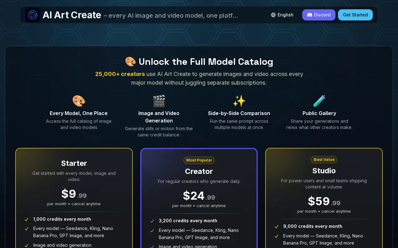 AI Art Create — pricing page