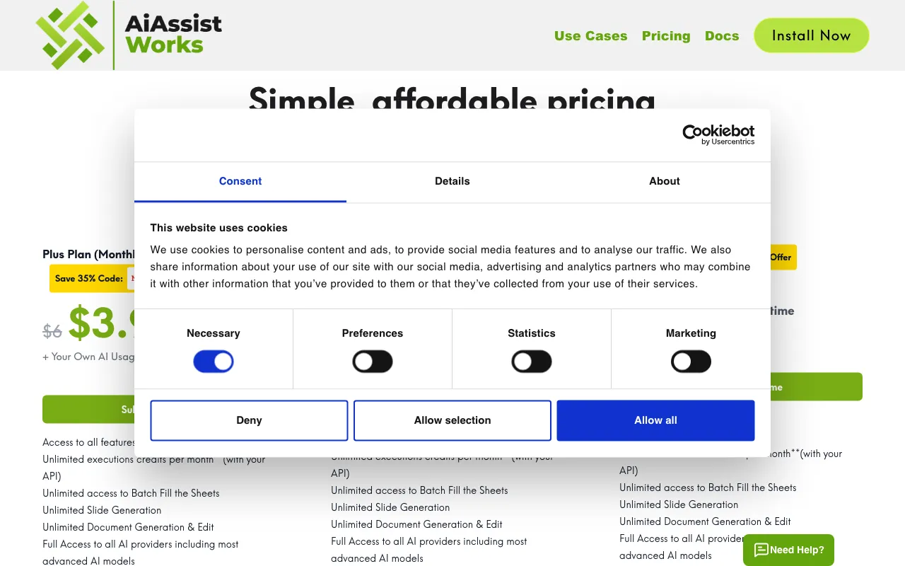 AiAssistWorks — pricing page