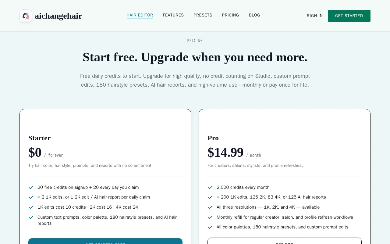 AIChangeHair — pricing page