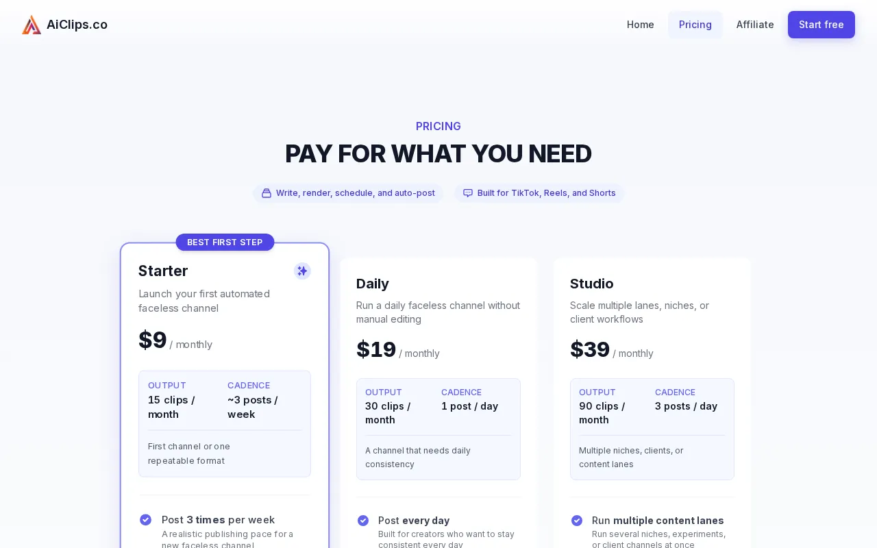 AiClips.co — pricing page
