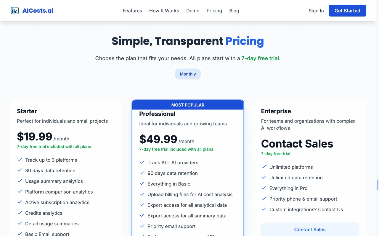 AICosts.ai — pricing page
