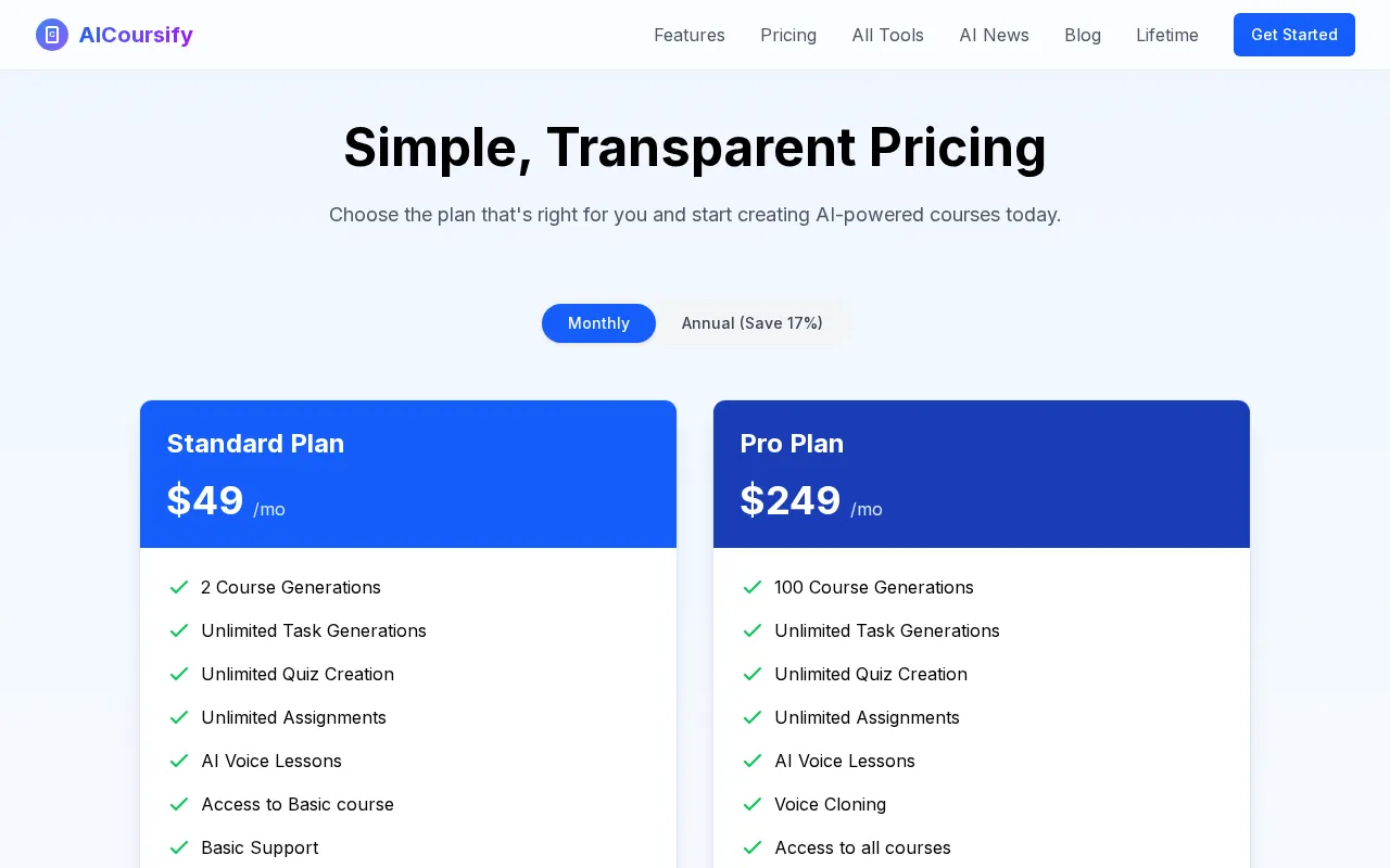 AiCoursify — pricing page