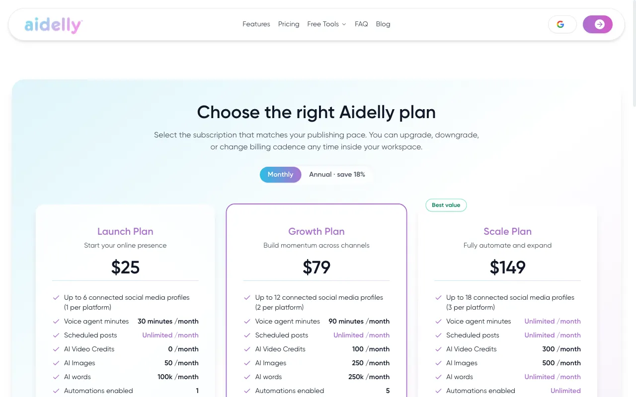 Aidelly — pricing page