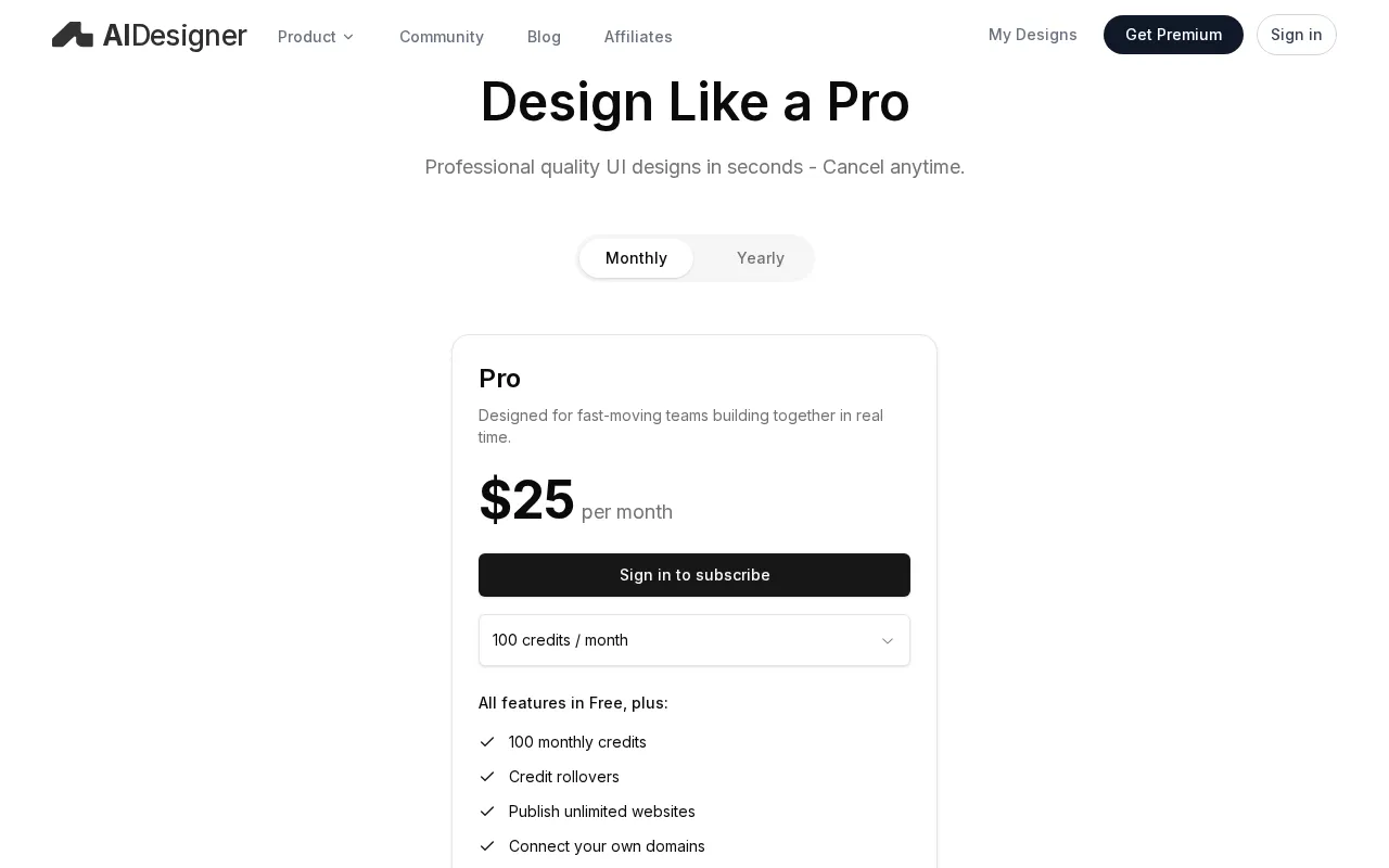 AIDesigner — pricing page