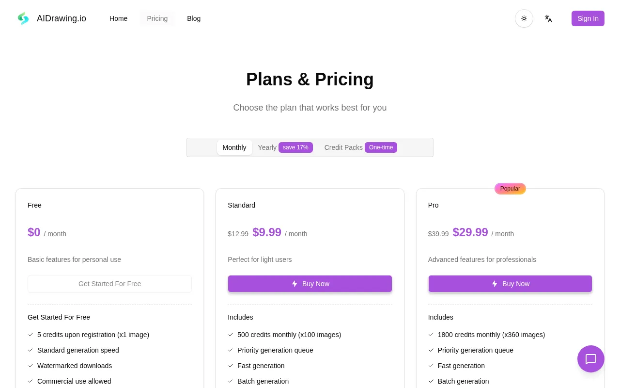 Aidrawing — pricing page