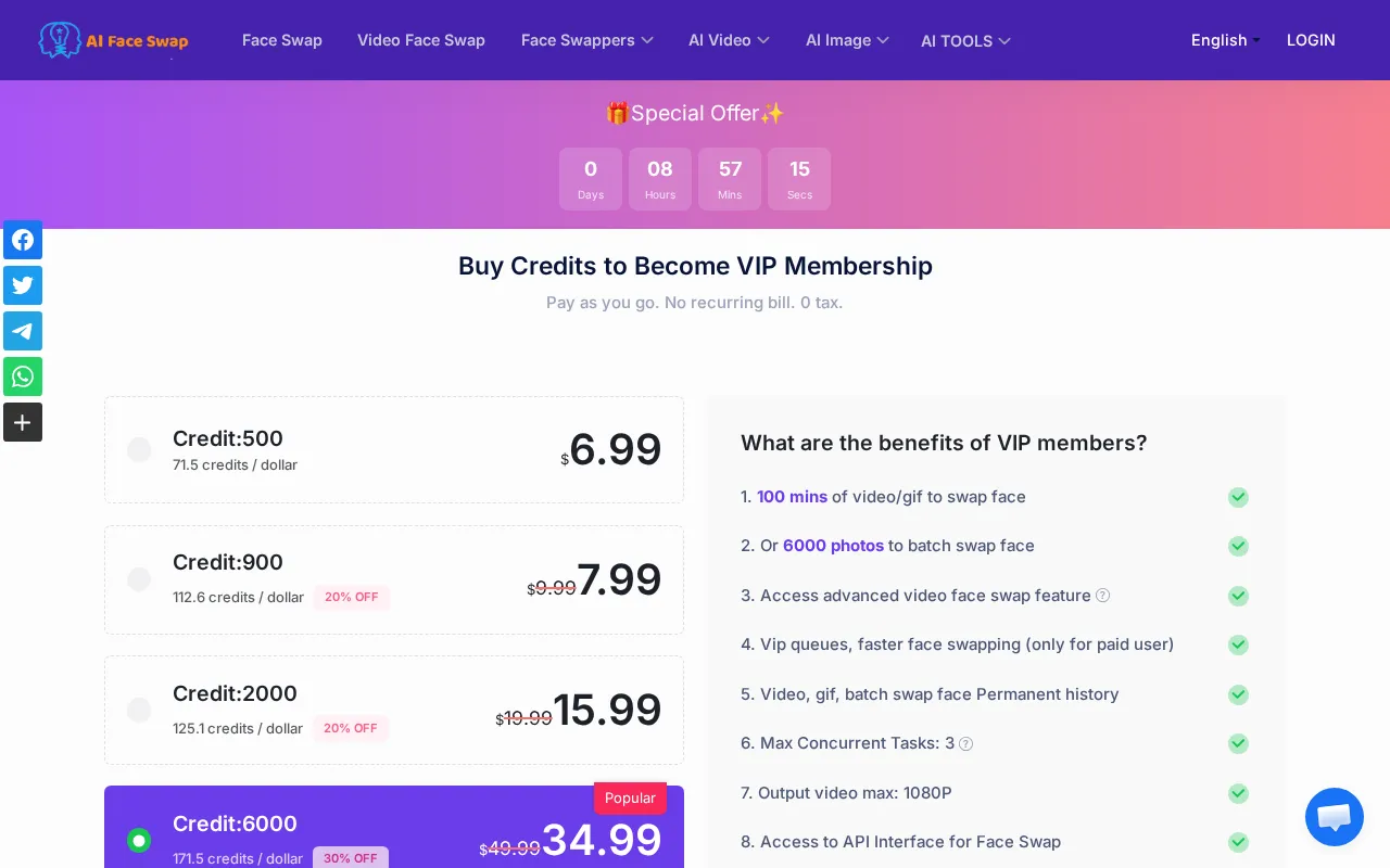 Aifaceswap — pricing page