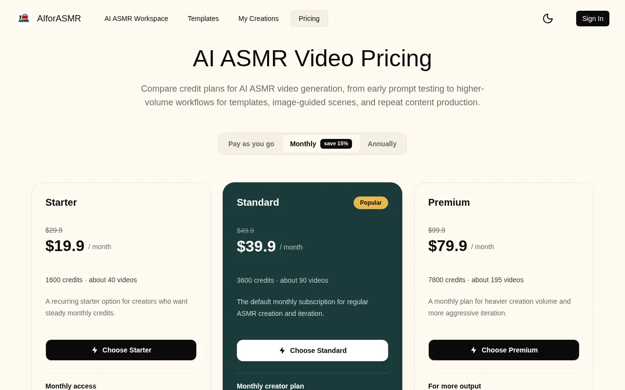 aiforasmr — pricing page