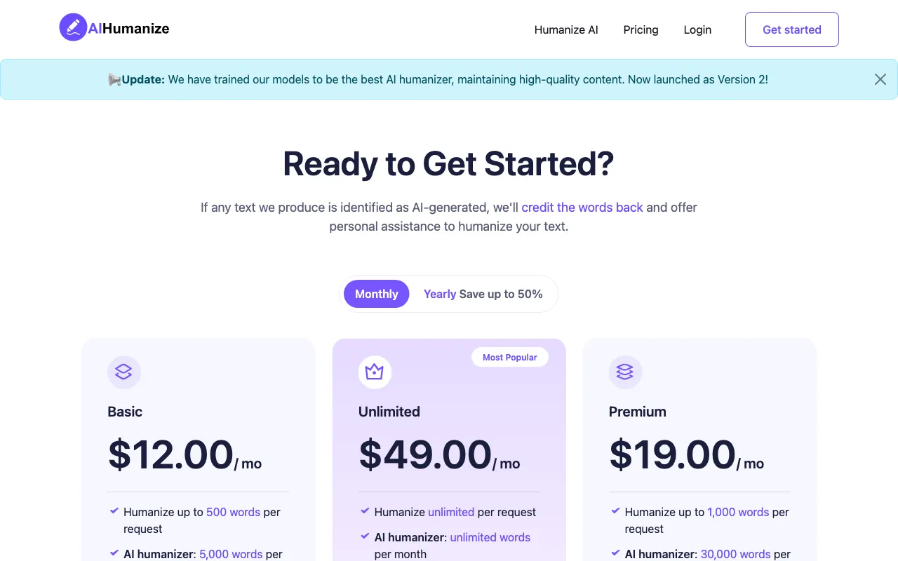 AIHumanize.com — pricing page