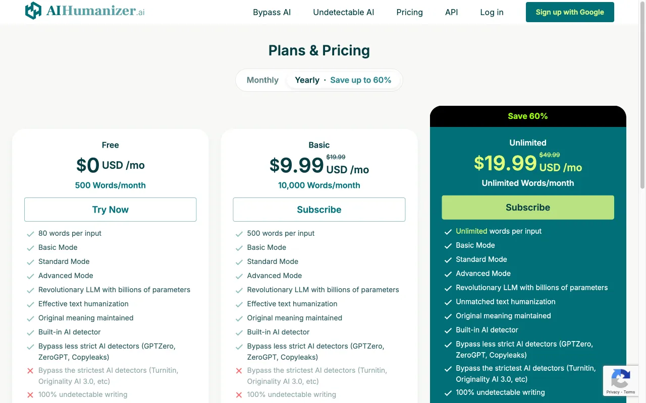 AIHumanize — pricing page