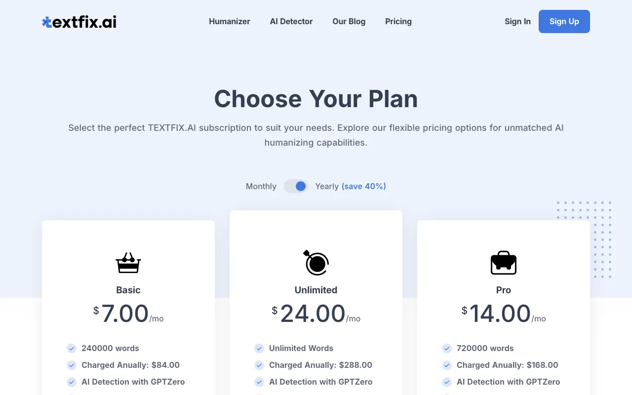 Textfix.ai — pricing page