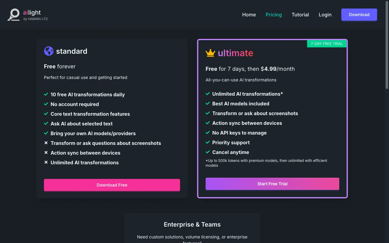 ailight — pricing page