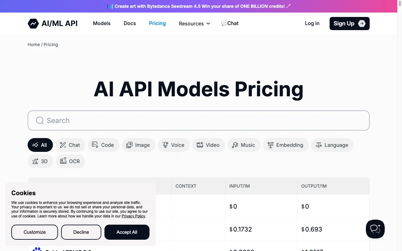 AI/ML API — pricing page