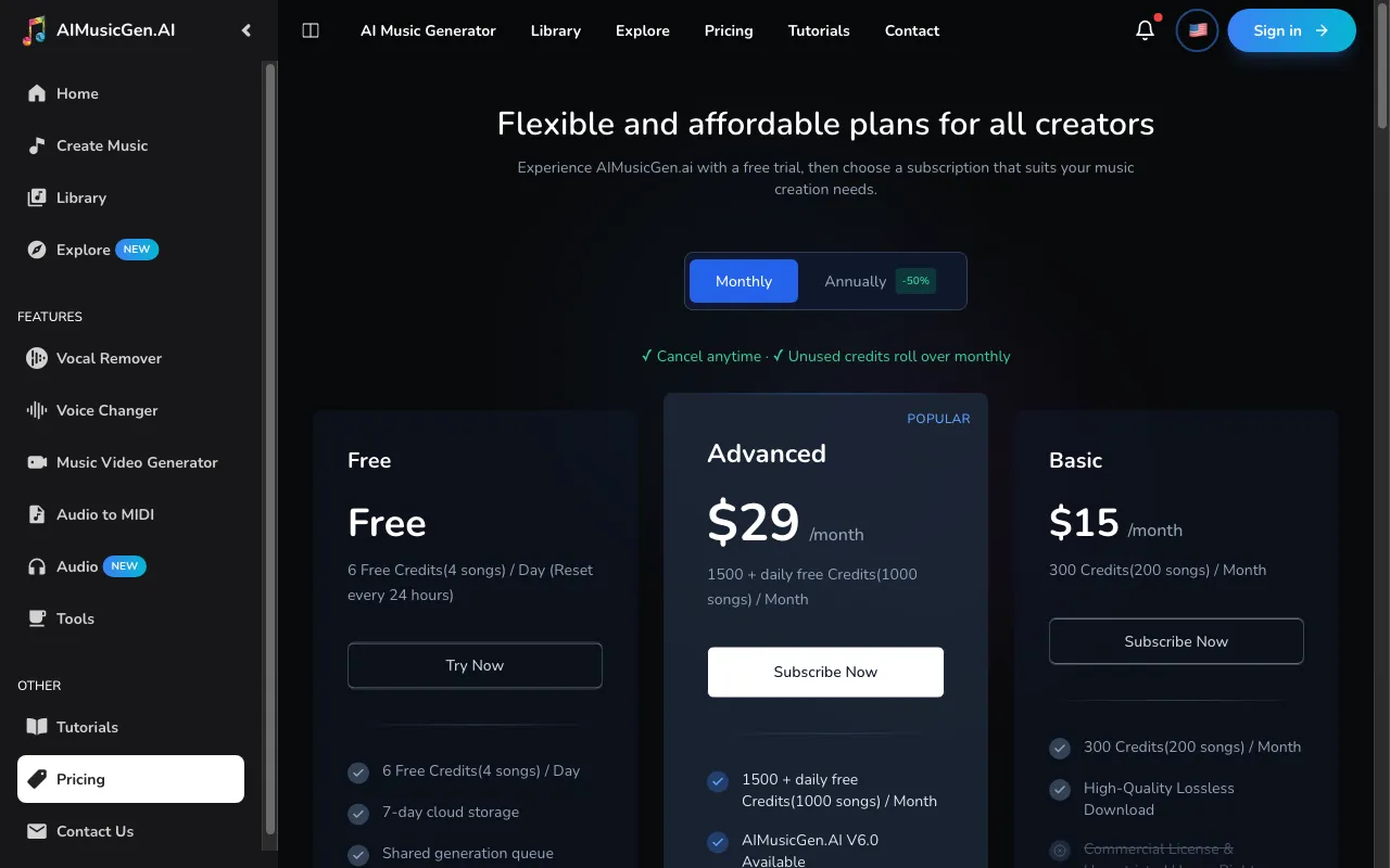 aimusicgen — pricing page