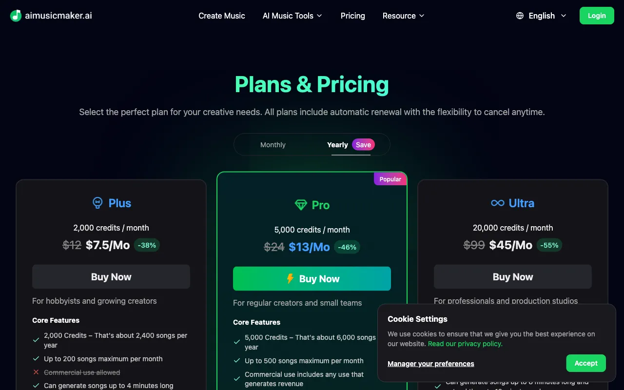 AI Music Maker — pricing page