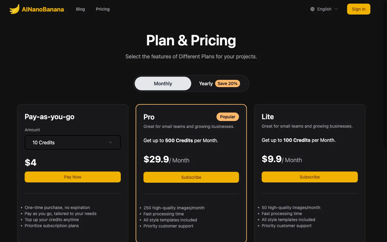 AINanoBanana — pricing page