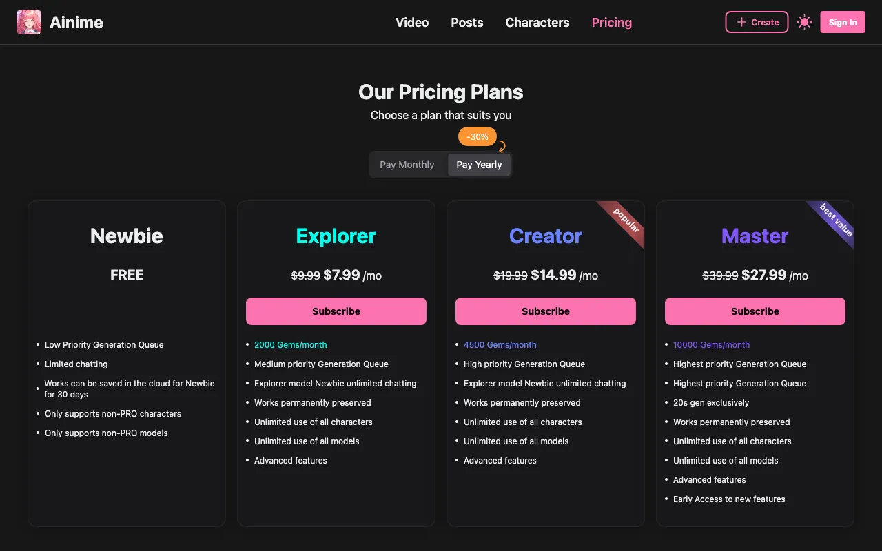 Ainime — pricing page