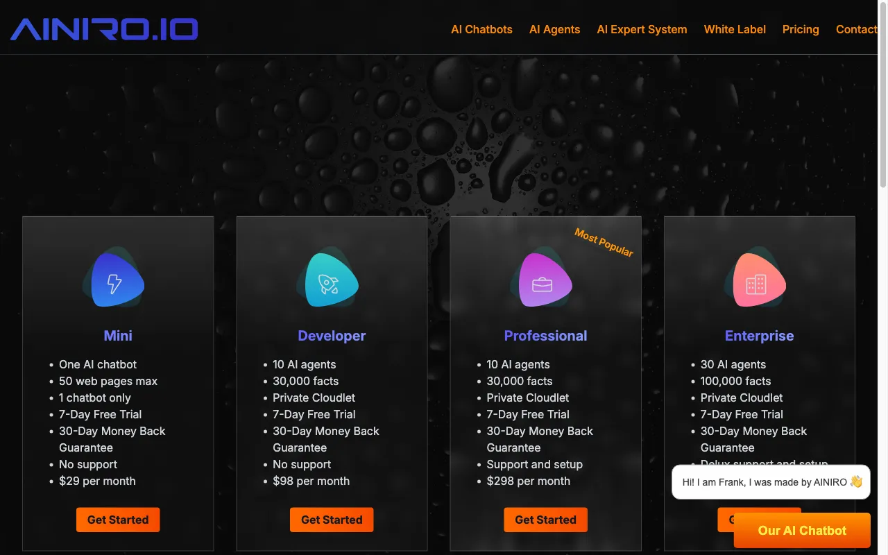 AINIRO — pricing page