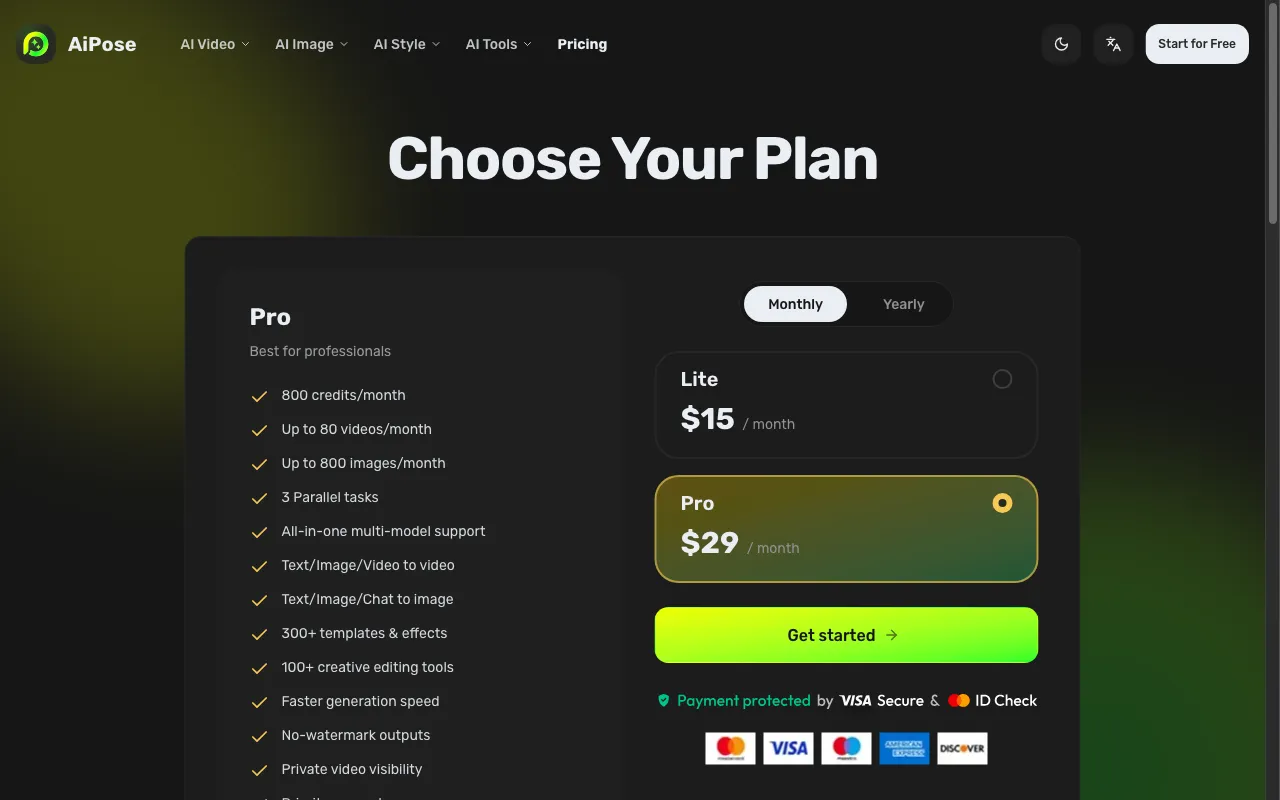 AiPose — pricing page