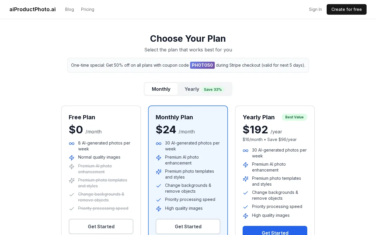 Aiproductphoto — pricing page