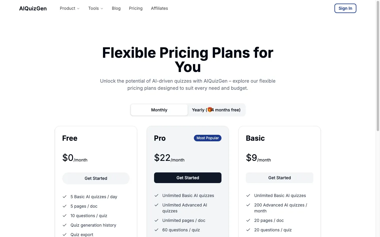 AIQuizGen — pricing page