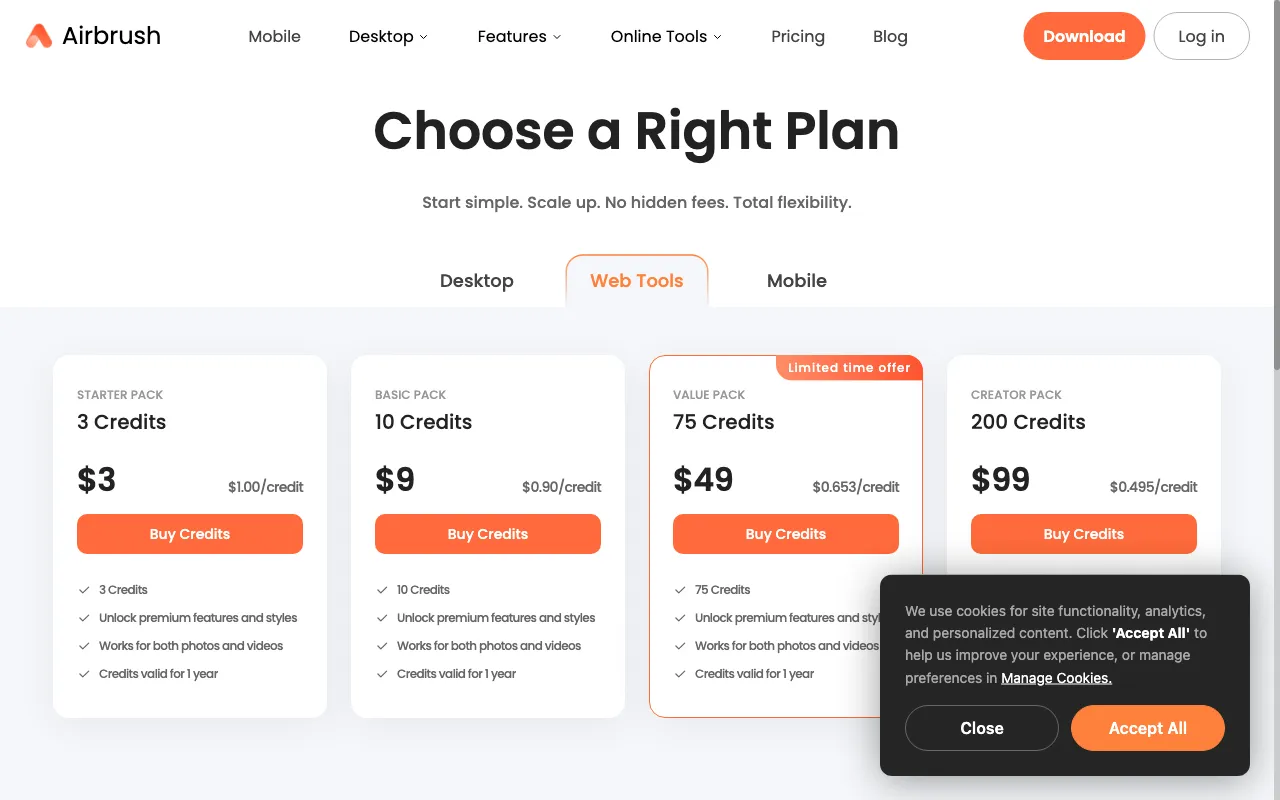AirBrush Studio — pricing page